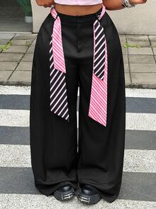 Maweii 大尺碼女款夏季黑色休閒長褲，附腰帶與口袋，適用於畢業舞會、Cosplay - 黑色 - 查看 4