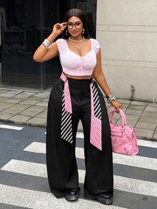 Maweii 大尺碼女款夏季黑色休閒長褲，附腰帶與口袋，適用於畢業舞會、Cosplay - 黑色 - 查看 6