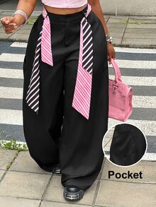 Maweii 大尺碼女款夏季黑色休閒長褲，附腰帶與口袋，適用於畢業舞會、Cosplay - 黑色 - 查看 1