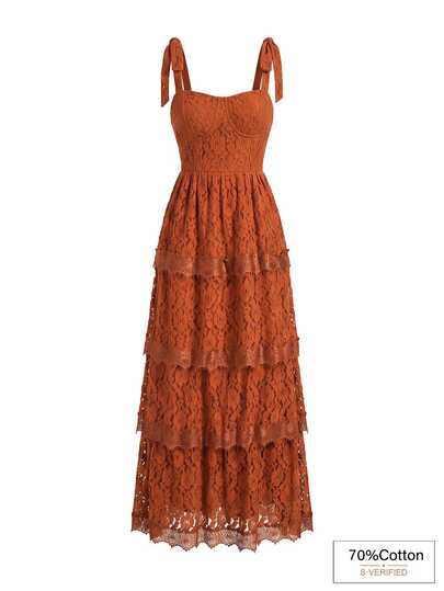 VOLUPTÉ CURVE Women's Summer Red Lace Spaghetti Strap Tiered Maxi Dress, Elegant Birthday Party Vacation Wedding Guest Dress Women