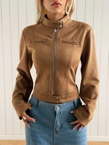 SHEIN EZwear 棕色人造麂皮女款夾克 適合公路旅行、波多黎各度假、秋季休閒穿搭 - 駝色 - 查看 3