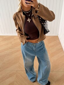 SHEIN EZwear 棕色人造麂皮女款夾克 適合公路旅行、波多黎各度假、秋季休閒穿搭 - 駝色 - 查看 5