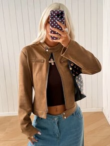 SHEIN EZwear 棕色人造麂皮女款夾克 適合公路旅行、波多黎各度假、秋季休閒穿搭 - 駝色 - 查看 7