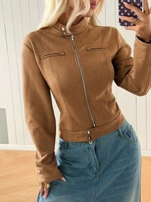 SHEIN EZwear 棕色人造麂皮女款夾克 適合公路旅行、波多黎各度假、秋季休閒穿搭 - 駝色 - 查看 4