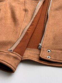 SHEIN EZwear 棕色人造麂皮女款夾克 適合公路旅行、波多黎各度假、秋季休閒穿搭 - 駝色 - 查看 11