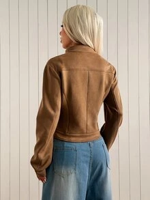 SHEIN EZwear 棕色人造麂皮女款夾克 適合公路旅行、波多黎各度假、秋季休閒穿搭 - 駝色 - 查看 2