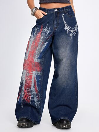 Street Life Sommer/Herbst Street British Flag Kettenmuster Vintage Distressed Super Loose Damen Jeans