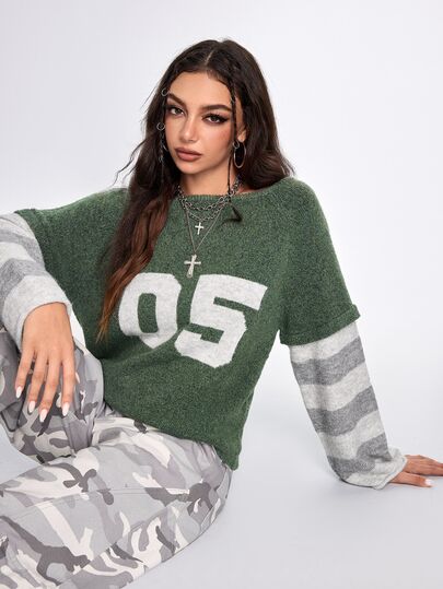 Y2K Suéter de mujer con estampado digital estilo callejero vintage 2 en 1 con mangas a rayas