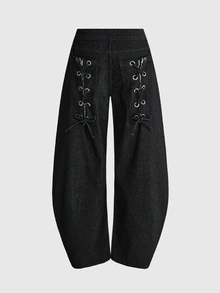 ROMWE Grunge Punk Ultra Low Waist Drawstring Bowknot Cocoon Loose Fit Denim Jeans - Black - View 5