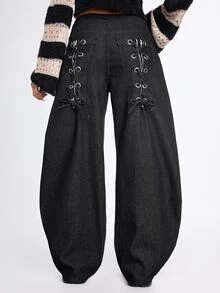 ROMWE Grunge Punk Ultra Low Waist Drawstring Bowknot Cocoon Loose Fit Denim Jeans - Black - View 1