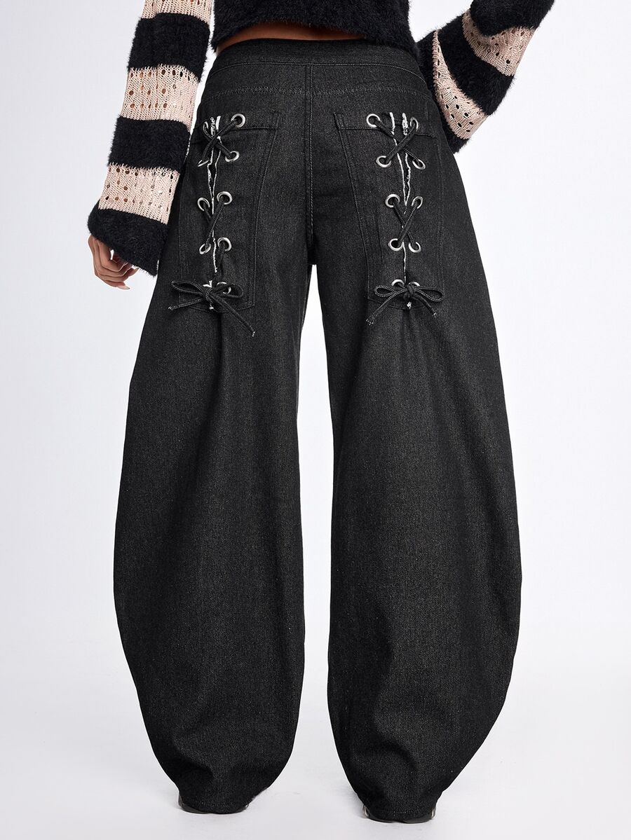 ROMWE Grunge Punk Ultra Low Waist Drawstring Bowknot Cocoon Loose Fit Denim Jeans - Black - View 1