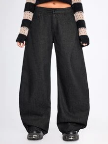 ROMWE Grunge Punk Ultra Low Waist Drawstring Bowknot Cocoon Loose Fit Denim Jeans - Black - View 3
