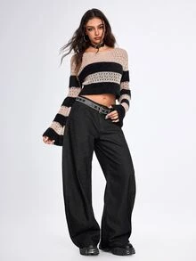 ROMWE Grunge Punk Ultra Low Waist Drawstring Bowknot Cocoon Loose Fit Denim Jeans - Black - View 4
