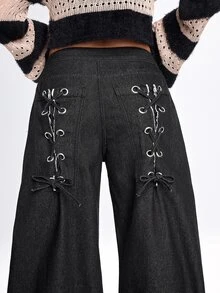 ROMWE Grunge Punk Ultra Low Waist Drawstring Bowknot Cocoon Loose Fit Denim Jeans - Black - View 2