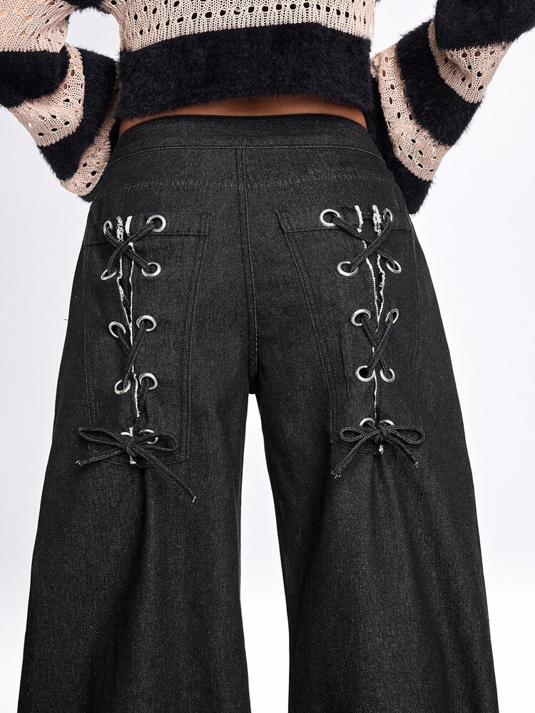 ROMWE Grunge Punk Ultra Low Waist Drawstring Bowknot Cocoon Loose Fit Denim Jeans - Black - View 2