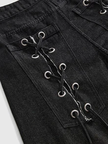 ROMWE Grunge Punk Ultra Low Waist Drawstring Bowknot Cocoon Loose Fit Denim Jeans - Black - View 7