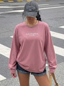 Muchica 大尺碼女款蓮花粉字母刺繡落肩長袖休閒運動衫 - 藕粉色 - 查看 5