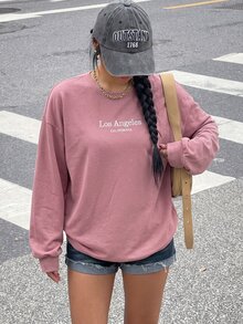 Muchica 大尺碼女款蓮花粉字母刺繡落肩長袖休閒運動衫 - 藕粉色 - 查看 3