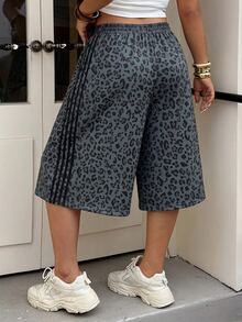 Muchica Leopard Print Casual Plus Size Women's Elastic Waist Wide Leg Mid-Length Pants - Dark Grey - View 2