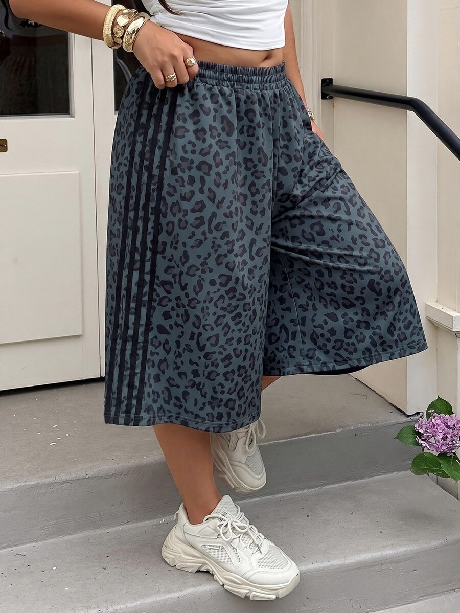 Muchica Leopard Print Casual Plus Size Women's Elastic Waist Wide Leg Mid-Length Pants - Dark Grey - View 1