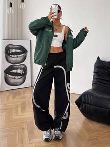 SHEIN EZwear 深綠色大尺碼女款字母印花插肩袖長袖拉鍊外套，適合俱樂部、辦公室，秋季寬鬆牛仔風 - 墨綠色 - 查看 6