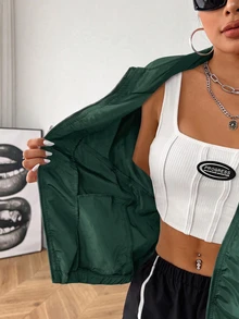 SHEIN EZwear 深綠色大尺碼女款字母印花插肩袖長袖拉鍊外套，適合俱樂部、辦公室，秋季寬鬆牛仔風 - 墨綠色 - 查看 4