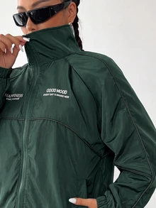 SHEIN EZwear 深綠色大尺碼女款字母印花插肩袖長袖拉鍊外套，適合俱樂部、辦公室，秋季寬鬆牛仔風 - 墨綠色 - 查看 3