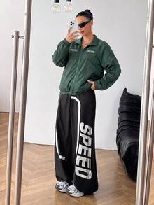 SHEIN EZwear 深綠色大尺碼女款字母印花插肩袖長袖拉鍊外套，適合俱樂部、辦公室，秋季寬鬆牛仔風 - 墨綠色 - 查看 7
