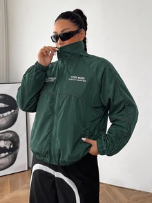 SHEIN EZwear 深綠色大尺碼女款字母印花插肩袖長袖拉鍊外套，適合俱樂部、辦公室，秋季寬鬆牛仔風 - 墨綠色 - 查看 1