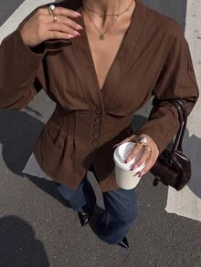 Muchica 女款純色V領休閒優雅通勤西裝外套 教師節辦公室深棕色夏季款 - 巧克力棕 - 查看 4