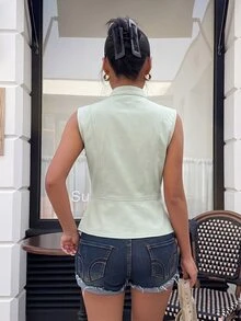 Muchica Women's Elegant Button Zipper Vest Jacket, Hot Girl Style - Mint Green - View 2