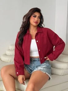 SHEIN EZwear Jaket Kasual Balap Wanita Ukuran Besar Warna Burgundy Lengan Panjang Kancing Tunggal Musim Gugur - Merah - View 6