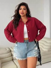 SHEIN EZwear Jaket Kasual Balap Wanita Ukuran Besar Warna Burgundy Lengan Panjang Kancing Tunggal Musim Gugur - Merah - View 1