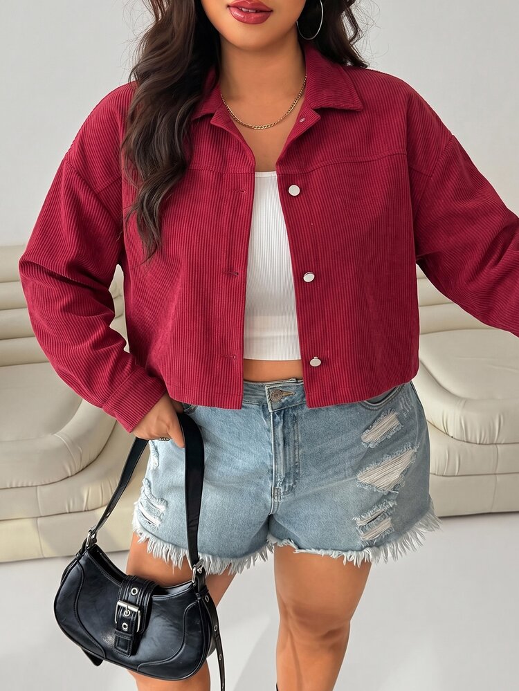 SHEIN EZwear Jaket Kasual Balap Wanita Ukuran Besar Warna Burgundy Lengan Panjang Kancing Tunggal Musim Gugur - Merah - View 5