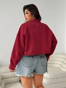 SHEIN EZwear Jaket Kasual Balap Wanita Ukuran Besar Warna Burgundy Lengan Panjang Kancing Tunggal Musim Gugur - Merah - View 2