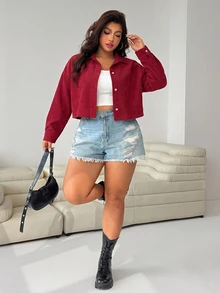 SHEIN EZwear Jaket Kasual Balap Wanita Ukuran Besar Warna Burgundy Lengan Panjang Kancing Tunggal Musim Gugur - Merah - View 3