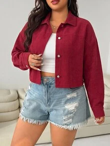 SHEIN EZwear Jaket Kasual Balap Wanita Ukuran Besar Warna Burgundy Lengan Panjang Kancing Tunggal Musim Gugur - Merah - View 4