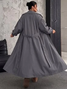 SHEIN EZwear 大尺碼女款純色翻領雙排扣休閒優雅風衣外套，秋冬辦公旅行商務灰色 - 灰色 - 查看 2