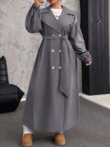 SHEIN EZwear 大尺碼女款純色翻領雙排扣休閒優雅風衣外套，秋冬辦公旅行商務灰色 - 灰色 - 查看 3