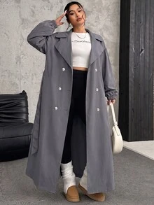 SHEIN EZwear 大尺碼女款純色翻領雙排扣休閒優雅風衣外套，秋冬辦公旅行商務灰色 - 灰色 - 查看 1