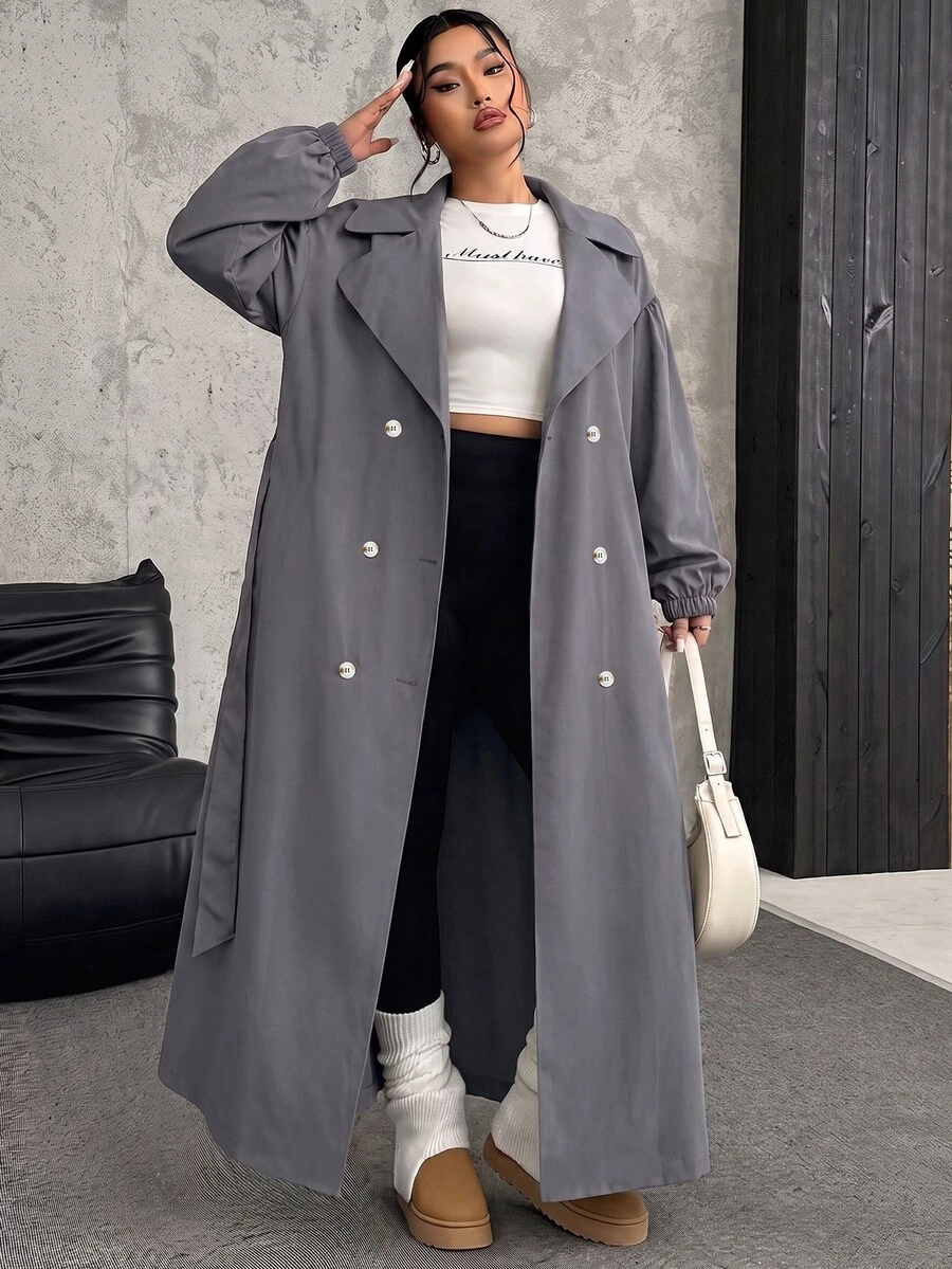 SHEIN EZwear 大尺碼女款純色翻領雙排扣休閒優雅風衣外套，秋冬辦公旅行商務灰色 - 灰色 - 查看 1