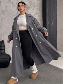 SHEIN EZwear 大尺碼女款純色翻領雙排扣休閒優雅風衣外套，秋冬辦公旅行商務灰色 - 灰色 - 查看 5