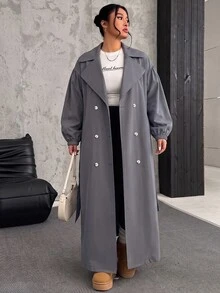 SHEIN EZwear 大尺碼女款純色翻領雙排扣休閒優雅風衣外套，秋冬辦公旅行商務灰色 - 灰色 - 查看 4