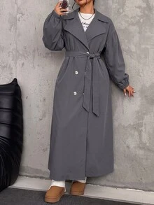 SHEIN EZwear 大尺碼女款純色翻領雙排扣休閒優雅風衣外套，秋冬辦公旅行商務灰色 - 灰色 - 查看 6