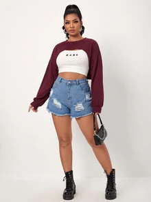 SHEIN EZwear Plus Size Women's Solid Color Casual Versatile Everyday Sweatshirt Fall - Burgundy - View 4
