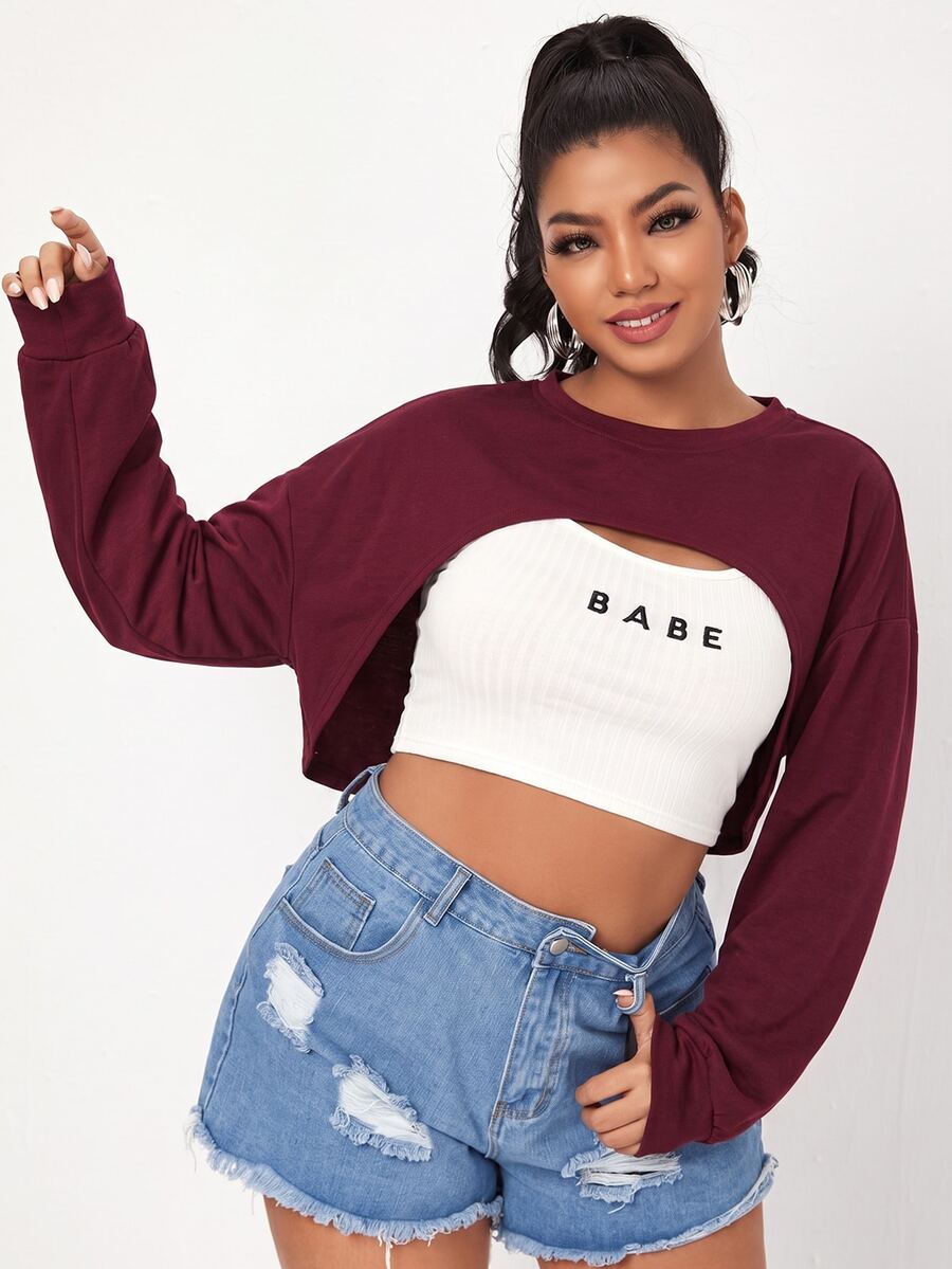 SHEIN EZwear Plus Size Women's Solid Color Casual Versatile Everyday Sweatshirt Fall - Burgundy - View 1