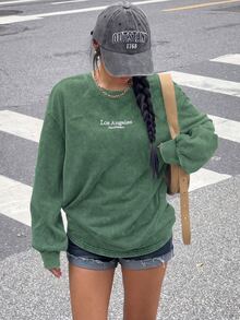 Muchica 女款街頭時尚休閒刺繡圓領長袖運動衫，適合城市度假、外出、日常穿著與旅行，綠色與白色，秋季款 - 綠色 - 查看 4