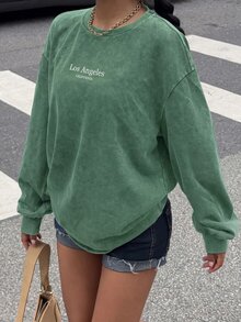 Muchica 女款街頭時尚休閒刺繡圓領長袖運動衫，適合城市度假、外出、日常穿著與旅行，綠色與白色，秋季款 - 綠色 - 查看 5