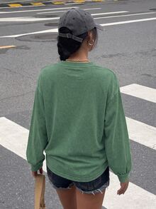 Muchica 女款街頭時尚休閒刺繡圓領長袖運動衫，適合城市度假、外出、日常穿著與旅行，綠色與白色，秋季款 - 綠色 - 查看 2