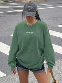Muchica 女款街頭時尚休閒刺繡圓領長袖運動衫，適合城市度假、外出、日常穿著與旅行，綠色與白色，秋季款 - 綠色 - 查看 1